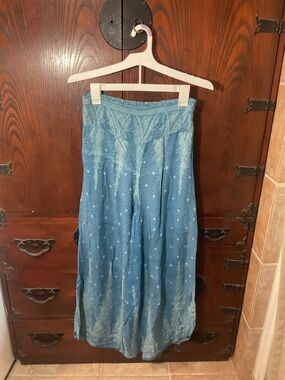 Boho Wide Leg Blue Patterned  - Women's Flowy Pants